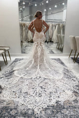 Long Mermaid Sweetheart Tulle Appliques Lace Backless Wedding Dresses with Train