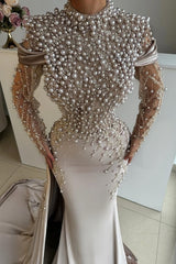 Unique Long Mermaid High Neck Satin Beaded Formal Evening Dress with Sleeves