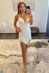 Mermaid V-neck Backless Beaded Short Homecoming Dress with Tassel