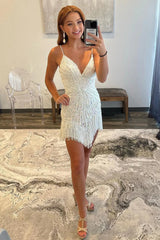 Mermaid V-neck Backless Beaded Short Homecoming Dress with Tassel