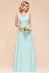 Vintage V-neck Wide Straps A-line Backless Ruched Chiffon Bridesmaid Dresses