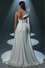 White Long Mermaid One Shoulder Satin Beads High Split Prom Dresses with Sleeves