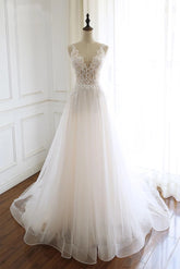 White A-line Long Tulle Lace Backless Wedding Dress