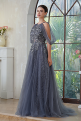 A-line Halter Tulle Long Wedding Guest Dresses with Lace Applique