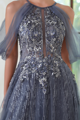 A-line Halter Tulle Long Wedding Guest Dresses with Lace Applique