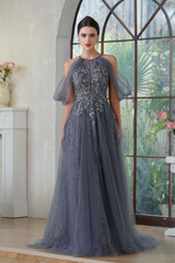 A-line Halter Tulle Long Wedding Guest Dresses with Lace Applique
