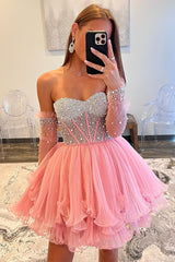 A-Line Sweetheart Beaded Ruffled Short Party Dress with Removable Sleeves