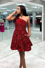 A-Line Short Royal Blue Sequins One Shoulder Homecoming Dress
