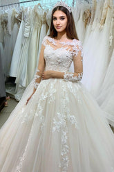 Classy Bateau Long Sleeve Appliques Lace Tulle Floor Length A-line Wedding Dress