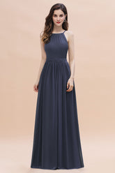 Elegant Long Sleeveless Halter Chiffon A-Line Wedding Guest Dresses