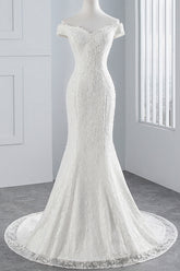 Long Off the Shoulder Lace-up Mermaid Lace Wedding Dress