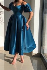 Simple Short A-line Off the Shoulder Satin Party Dress with Sleeves