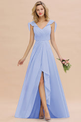 Simple High Low A-line V-Neck Ruffles Chiffon Lavender Bridesmaid Dress