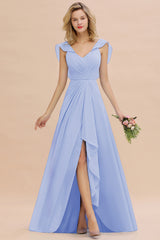 Simple High Low A-line V-Neck Ruffles Chiffon Lavender Bridesmaid Dress