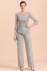 Elegant 3/4 Sleeves Lace Chiffon Jewl Mother of Bride Jumpsuit