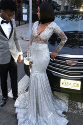 Long Sleeves V-neck Sequined Mermaid Prom Dress