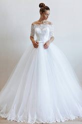 Long Off the Shoulder Lace Tulle Ball Gown Wedding Dress with Sleeves