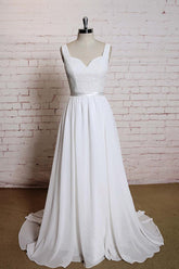 Sweetheart Long Lace Chiffon A-line Backless Wedding Dress