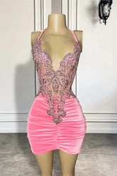 Short Halter V-Neck Mermaid Appliques Beaded Velvet Party Dress
