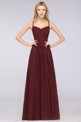 A-Line Chiffon Spaghetti Straps Sweetheart Sleeveless Floor Length Bridesmaid Dress with Ruffles