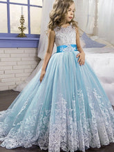 Long Ball Gown Tulle Sleeveless Jewel Neck Wedding Party Flower Girl Dresses With Bow
