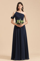 Long A-line Chiffon One Shoulder Dark Navy Wedding Party Dresses