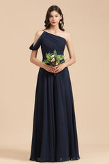 Long A-line Chiffon One Shoulder Dark Navy Wedding Party Dresses