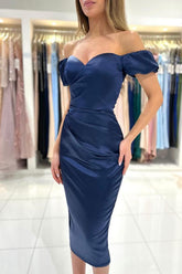 Simple Short Mermaid Off the Shoulder Satin Formal Prom Dresses