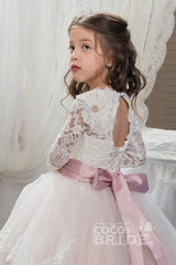 Long Scoop Neck Ball Gown Flower Girl Dress with Long Sleeves