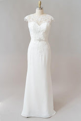 Long Mermaid Lace Chiffon Wedding Dress es with Cap Sleeve