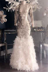 Long Mermaid V-neck Appliques Lace Prom Dress with Sleeves