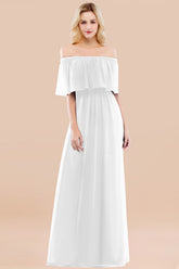 A-line Chiffon Off the Shoulder Short Sleeves Ruffles Floor Length Bridesmaid Dress