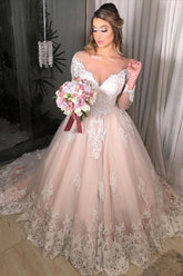 Long Sleeves A-line Off the Shoulder Tulle Floral Lace Appliques Wedding Dress