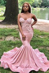 Chic Long Satin Spaghetti Straps Lace Mermaid Plue Size Prom Dress