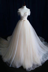 Elegant Long Off the Shoulder Lace-up Ruffle Tulle A-line Wedding Dress