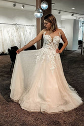 Gorgeous Long A-line V-neck Tulle Lace Floor Length Backless Wedding Dress