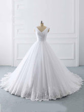 Simple Long V-Neck Lace-Up Ruffles Ball Gown Wedding Dresses