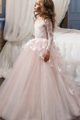 White Scoop Neck Long Sleeves Ball Gown Tulle Lace Flower Girl Dress
