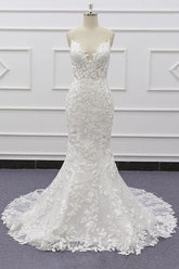 Long Sweetheart Spaghetti Strap Appliques Lace Mermaid Wedding Dress