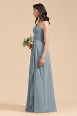 Long A-line V-Neck Chiffon Dusty Blue Wedding Guest Dress