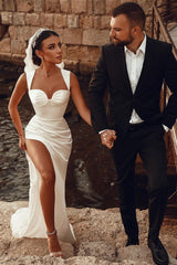 Elegant Long Mermaid Sweetheart Satin Wedding Dress with Slit