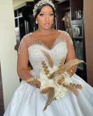 Elegant Plus Size Long A-line Sweetheart Satin Beading Wedding Dresses with Sleeves