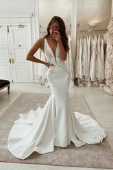 Gorgeous Long Mermaid V-neck Satin Backless Wedding Dress