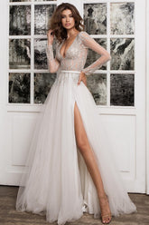 Boho Long Sleeves A-line Tulle Lace V-neck Wedding Dress with Slit