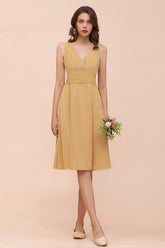 Short A-line V-neck Gold Chiffon Bridesmaid Dress with Bow
