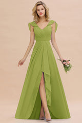 Simple High Low A-line V-Neck Ruffles Chiffon Green Bridesmaid Dress