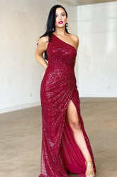 Burgundy Long One Shoulder Sequined Backless Evening Prom Dresses with Slit