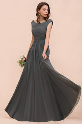 Long A-line Off the Shoulder Ruffle Steel Grey Bridesmaid Dress with Slit