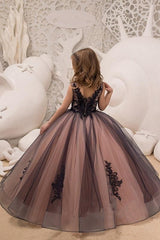Long V-Neck Sleeveless Tulle Lace Ball Gown Flower Girl Dress