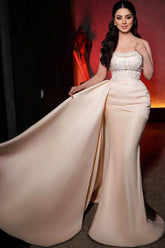 Long Sleeves Mermaid Strapless Satin Long Wedding Dresses with Beads